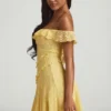 Nahida Off-Shoulder Lace A-Line Mini Dress in Pastel Yellow