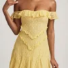 Nahida Off-Shoulder Lace A-Line Mini Dress in Pastel Yellow