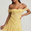 Nahida Off-Shoulder Lace A-Line Mini Dress in Pastel Yellow