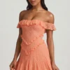 Nahida Off-Shoulder Lace A-Line Mini Dress in Peach