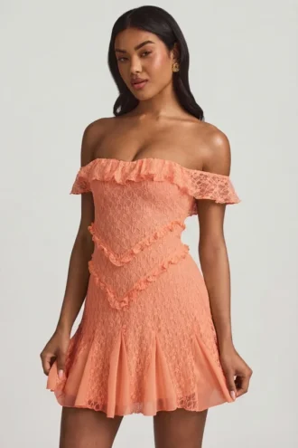 Nahida Off-Shoulder Lace A-Line Mini Dress in Peach