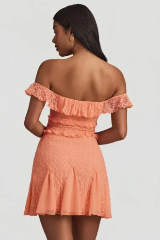 Nahida Off-Shoulder Lace A-Line Mini Dress in Peach