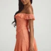 Nahida Off-Shoulder Lace A-Line Mini Dress in Peach