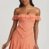 Nahida Off-Shoulder Lace A-Line Mini Dress in Peach