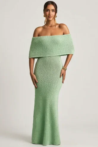 Naia Bouclé Off-Shoulder Maxi Dress in Mint