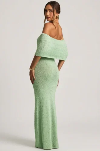 Naia Bouclé Off-Shoulder Maxi Dress in Mint