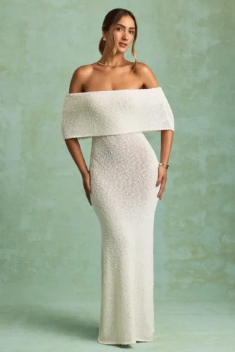 Naia Bouclé Off-Shoulder Maxi Dress in White