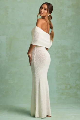 Naia Bouclé Off-Shoulder Maxi Dress in White