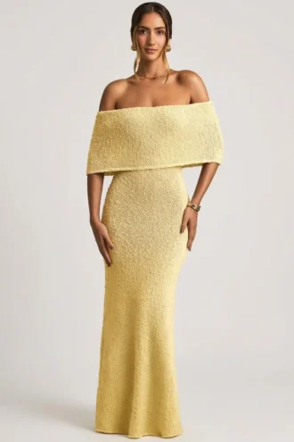 Naia Bouclé Off-Shoulder Maxi Dress in Yellow