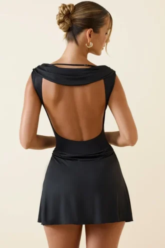 Nalini Draped Open-Back A-Line Mini Dress in Black