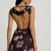 Nalini Draped Open-Back A-Line Mini Dress in Black Floral Print