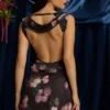 Nalini Draped Open-Back A-Line Mini Dress in Black Floral Print