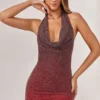 Namur Embellished Halter Neck Mini Dress in Red/Brown Ombré