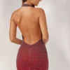 Namur Embellished Halter Neck Mini Dress in Red/Brown Ombré