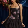 Nanala Halterneck Lace-Up Bubble Hem Mini Dress in Black Floral Print
