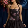 Nanala Halterneck Lace-Up Bubble Hem Mini Dress in Black Floral Print