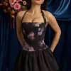 Nanala Halterneck Lace-Up Bubble Hem Mini Dress in Black Floral Print