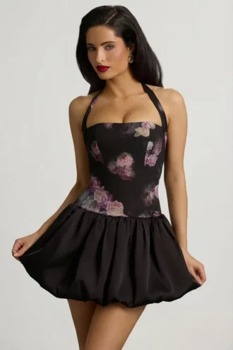 Nanala Halterneck Lace-Up Bubble Hem Mini Dress in Black Floral Print