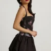 Nanala Halterneck Lace-Up Bubble Hem Mini Dress in Black Floral Print