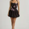 Nanala Halterneck Lace-Up Bubble Hem Mini Dress in Black Floral Print