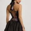 Nanala Halterneck Lace-Up Bubble Hem Mini Dress in Black Floral Print