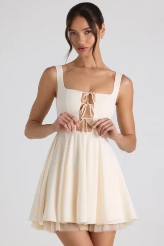Nanisca Tie-Detail A-Line Micro Mini Dress in Ivory