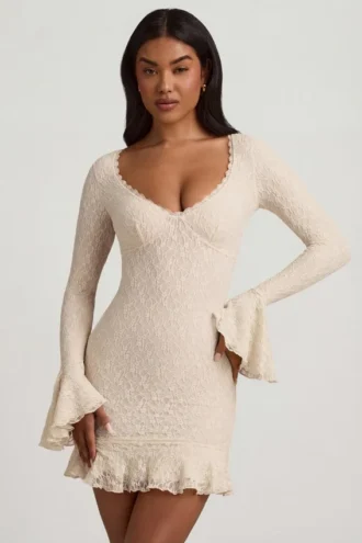 Nara Long-Sleeve Ruffled Lace Mini Dress in Ivory