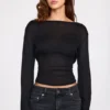 Nari Sheer Jersey Long-Sleeve Backless Top in Black