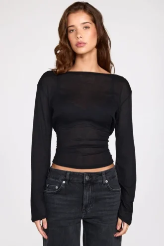 Nari Sheer Jersey Long-Sleeve Backless Top in Black