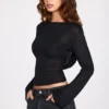 Nari Sheer Jersey Long-Sleeve Backless Top in Black