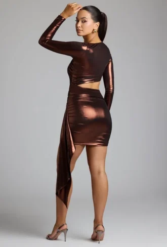 Nasira Cut Out Metallic Jersey Mini Dress in Copper Bronze