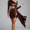 Nasira Cut Out Metallic Jersey Mini Dress in Copper Bronze
