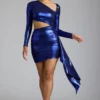 Nasira Cut Out Metallic Jersey Mini Dress in Electric Blue