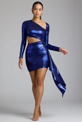 Nasira Cut Out Metallic Jersey Mini Dress in Electric Blue