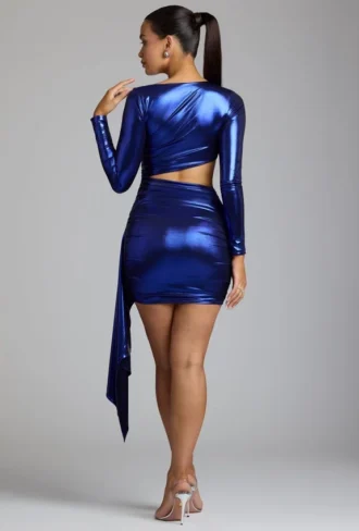 Nasira Cut Out Metallic Jersey Mini Dress in Electric Blue