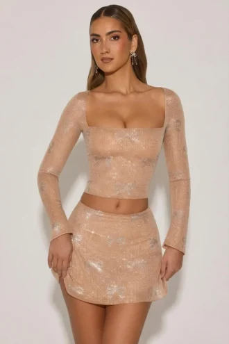 Natala Embellished Bow-Detail Top in Almond