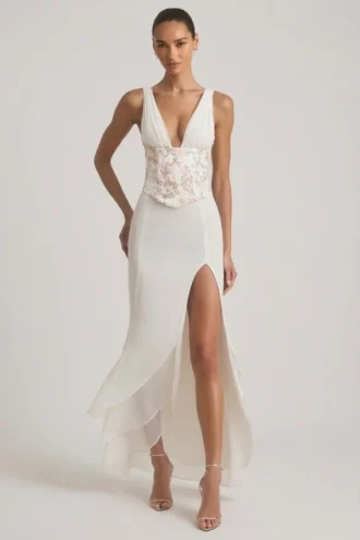 Nathalia Embellished Plunge Ruffled Corset Maxi Dress in Ivory