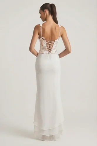 Nathalia Embellished Plunge Ruffled Corset Maxi Dress in Ivory