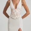 Nathalia Embellished Plunge Ruffled Corset Maxi Dress in Ivory