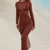 Naura Sheer Open-Back Maxi Dress in Chocolate Brown