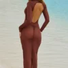 Naura Sheer Open-Back Maxi Dress in Chocolate Brown