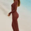 Naura Sheer Open-Back Maxi Dress in Chocolate Brown