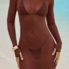 Naura Sheer Open-Back Maxi Dress in Chocolate Brown