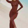 Naura Sheer Open-Back Maxi Dress in Chocolate Brown