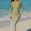 Naura Sheer Open-Back Maxi Dress in Olive Green