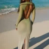 Naura Sheer Open-Back Maxi Dress in Olive Green