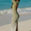 Naura Sheer Open-Back Maxi Dress in Olive Green