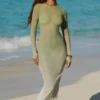 Naura Sheer Open-Back Maxi Dress in Olive Green