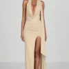 Navina Soft-Jersey Plunge Halterneck Maxi Dress in Champagne