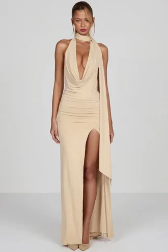 Navina Soft-Jersey Plunge Halterneck Maxi Dress in Champagne